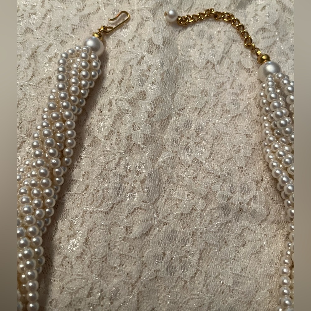 Napier/vintage 8 strand faux pearl twisted knot adjustable necklace, 18” - Picture 2 of 3
